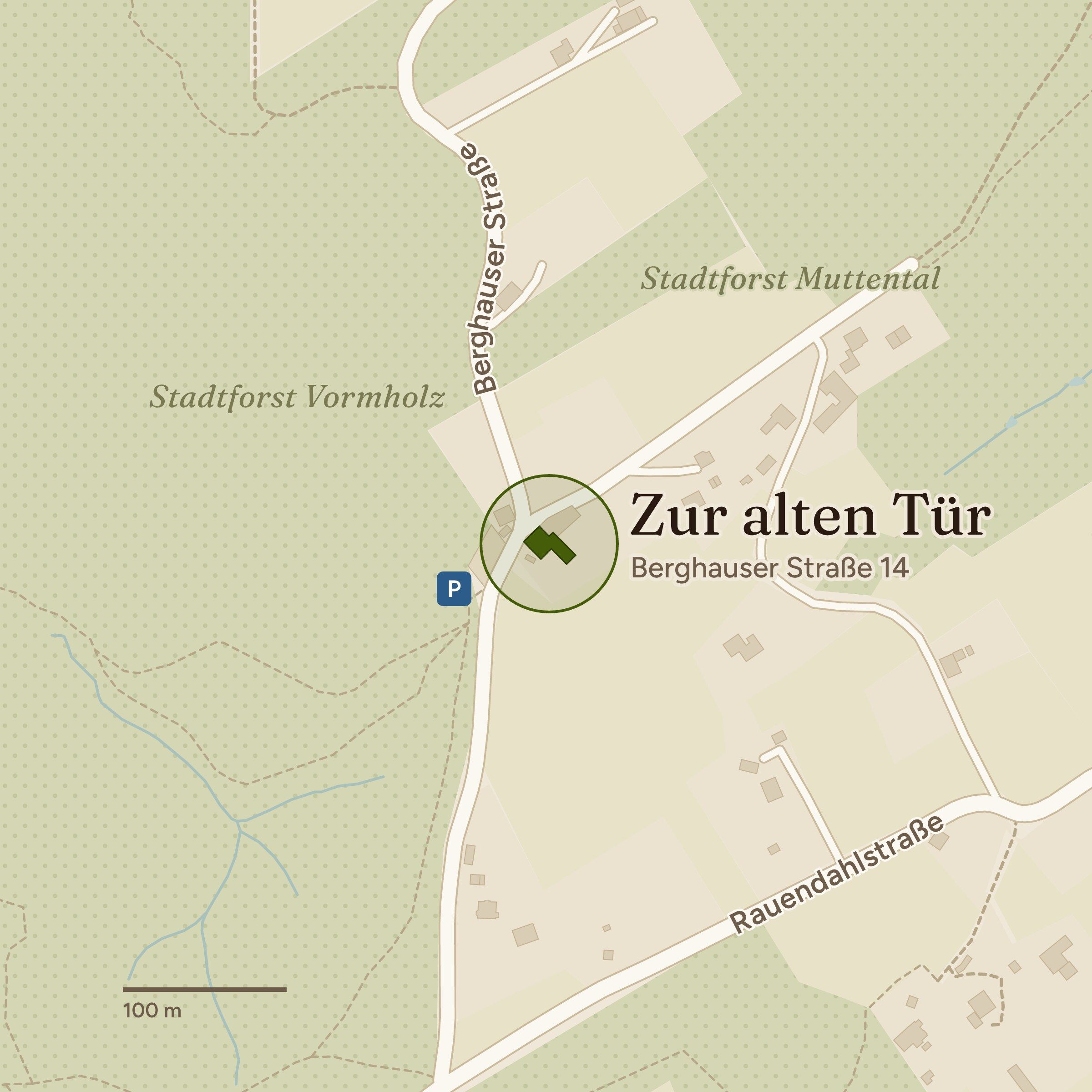 Karte: Zur alten Tür an der Berghauser Straße 14, zwischen Stadtforst Vormholz und Stadtforst Muttental, Gästeparkplatz gegenüber dem Haus, Rauendahlstraße im Süden